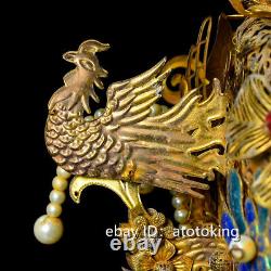 12 Chinese antiques pure copper gold plated inlaid gemstones Crested crown
