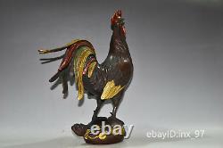 12China collection old Gold-plated copper and painted golden rooster ornaments