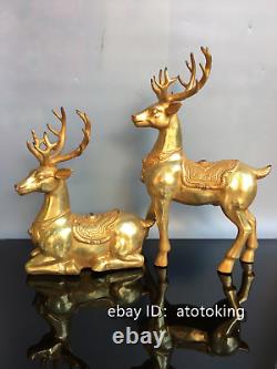 14.8 Chinese antiques Pure copper Gold plated Lucky Deer Statue A pair