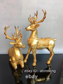 14.8 Chinese antiques Pure copper Gold plated Lucky Deer Statue A pair