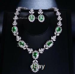 18k White Gold Plated Lab-Created Green Emerald Necklace Earrings Set Gorgeous