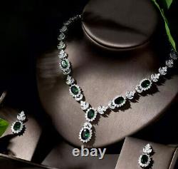 18k White Gold Plated Lab-Created Green Emerald Necklace Earrings Set Gorgeous