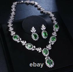 18k White Gold Plated Lab-Created Green Emerald Necklace Earrings Set Gorgeous