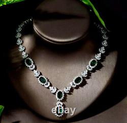 18k White Gold Plated Lab-Created Green Emerald Necklace Earrings Set Gorgeous