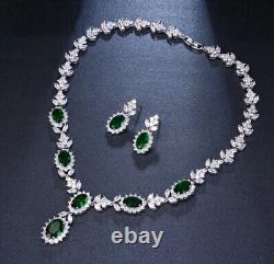 18k White Gold Plated Lab-Created Green Emerald Necklace Earrings Set Gorgeous