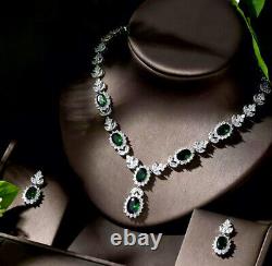 18k White Gold Plated Lab-Created Green Emerald Necklace Earrings Set Gorgeous