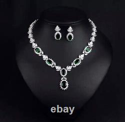 18k White Gold Plated Lab-Created Green Emerald Necklace Earrings Set Gorgeous