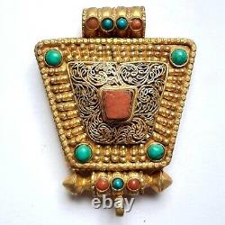 2.3 Gold Plated Tibetan Ghau Amulet Pendant Nepal Coral Turquoise Stone Locket