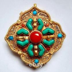 2 Gold Plated Tibetan Ghau Amulet Pendant Nepal Coral Turquoise Stone Locket