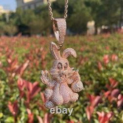 3AAA+ CZ Ice Out Hop Hip RABBIT Pendant Necklace 24k Real Gold Plated 20Inch