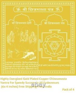 4 x Highly Energized Gold Plated Copper Chinnamasta Yantra For Speedy Success