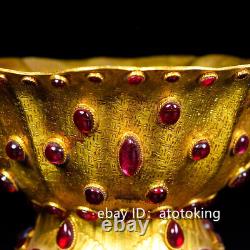 6.8 Chinese antiques pure copper gold plated Inlaid with rubies lace bowl