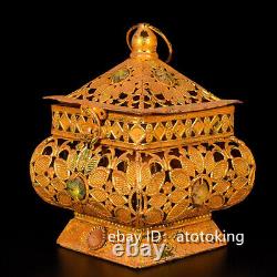 6China antique pure copper gold plated openwork inlaid gemstones Incense burner