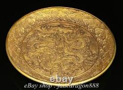 7.2 Qianlong Marked Chinese Copper Gilt Dragon Flower Sea Statue Plate Tray