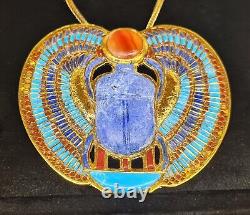 Amazing Handmade King Tutankhamun Winged Scarab Pendant Necklace-24k Gold Plated