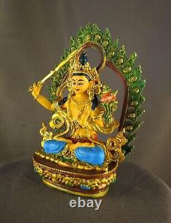 Buddhism Gold Plated Goddess Manjushri Hand Painting Copper Statue Figure free