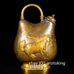 China antique Pure copper gold plated hand chiseled Inlaid horse pattern teapot