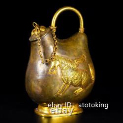 China antique Pure copper gold plated hand chiseled Inlaid horse pattern teapot