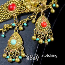 Chinese antiques Tibetan Buddhism pure copper gold plated inlaid gems necklace