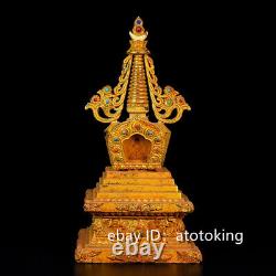Chinese antiques pure copper gold plated hand-made inlaid gemstones stupa statue