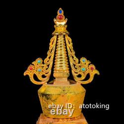 Chinese antiques pure copper gold plated hand-made inlaid gemstones stupa statue