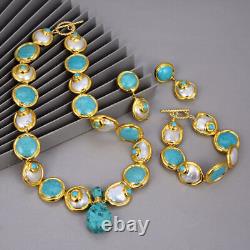 Cultured Coin Pearl Gold Plated Blue Turquoise Necklace Bracelet Earrings Sets
