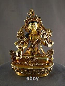 Goddess White Tara Gold Face Hand Paint Copper Gold Plated Statue Figure free
