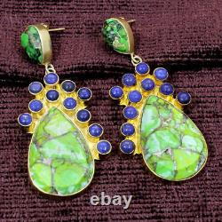 Green Copper Turquoise and Lapis Gemstone Gold Plated Long Earrings For Women