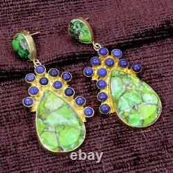 Green Copper Turquoise and Lapis Gemstone Gold Plated Long Earrings For Women