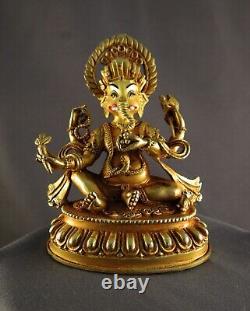 Hinduism Gold Face Hand Painting Lord Ganesh Copper Gold Plated Statue Figure