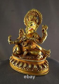 Hinduism Gold Face Hand Painting Lord Ganesh Copper Gold Plated Statue Figure