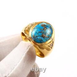 Lab Create Copper Turquoise with Gold Plated 925 Sterling Silver Men's Ring #913