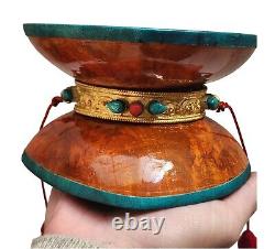 Large Tibetan Nepal Chod Damaru Wooden Drum Buddhist Ritual Gold Plated Copper