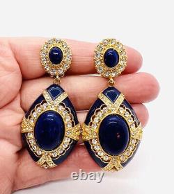 Long Catwalk Jon Lapis Glass Blue Enamel & Rhinestone Clip Back Earrings