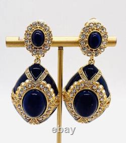 Long Catwalk Jon Lapis Glass Blue Enamel & Rhinestone Clip Back Earrings