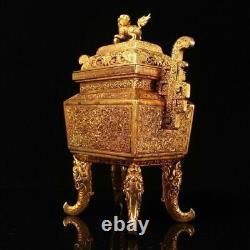 Old China Gold plated copper Handmade carving Quadruped Incense burner
