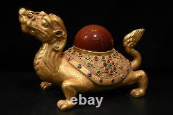 Old China Gold plated copper carving set gemstone Dragon turtle Ornaments