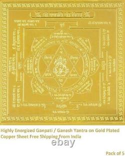 Pack of 5 Highly Energized Ganpati / Ganesh Yantra on Gold Plated Copper Sheet