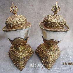 Pair Antique Handmade Copper Gold Silver Plated Tibetan Tantrik Kapala, Nepal