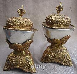 Pair Antique Handmade Copper Gold Silver Plated Tibetan Tantrik Kapala, Nepal