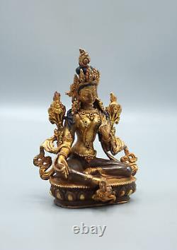 Partly Gold Plated Copper Green Tara Statue 5.5