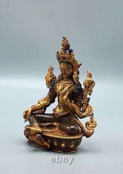 Partly Gold Plated Copper Green Tara Statue 5.5