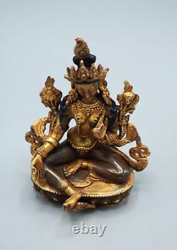 Partly Gold Plated Copper Green Tara Statue 5.5