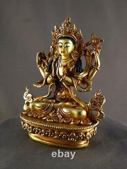 Tibetan Gold Face Hand Painting Lord Chenrezig Copper Gold Plated Statue Figure