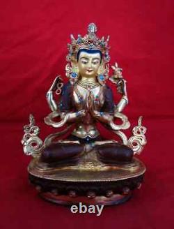 Tibetan Lord Chenrezig Khacheri 8.5 Fine Mercury Gold Plated Copper Statue