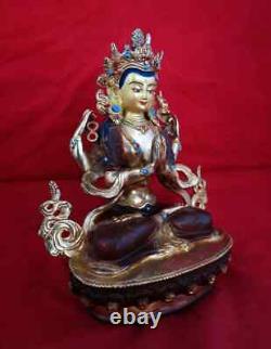 Tibetan Lord Chenrezig Khacheri 8.5 Fine Mercury Gold Plated Copper Statue