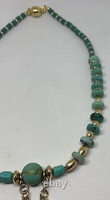 Vintage 17 Turquoise and Gold Plated Beaded Necklace With Copper Pendant LOOK
